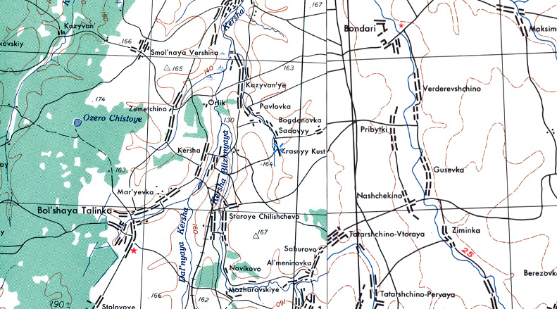 Карты населённых пунктов. Фрагмент американской карты 1950-х годов, где обозначен посёлок Красный Куст