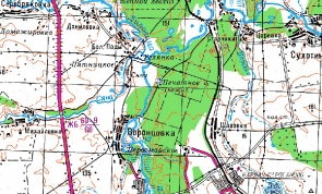 Фрагмент карты генштаба СССР, где обозначена деревня Печатное
