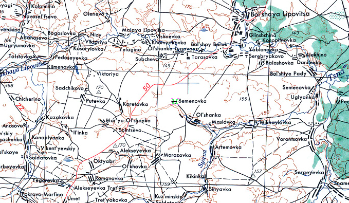 Карты населённых пунктов. Фрагмент американской карты 1950-х годов, где обозначена деревня Семёновка