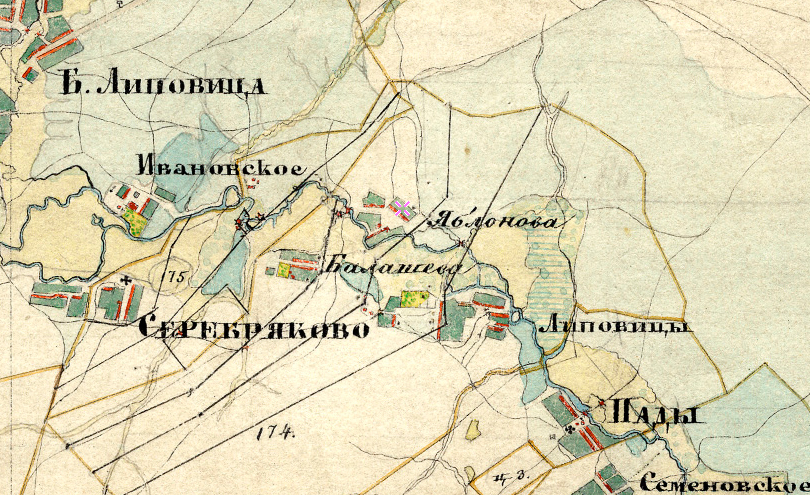 Карты населённых пунктов. Фрагмент карты Менде, где обозначена деревня Яблоновка