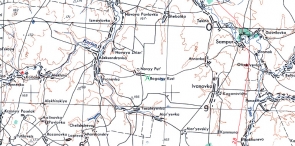 Карты населённых пунктов. Фрагмент американской карты 1950-х годов, где обозначена деревня Богатый Куст