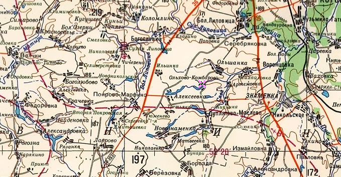 Карты населённых пунктов. Фрагмент топографической карты СССР, где обозначена деревня Ольхово-Комбарово