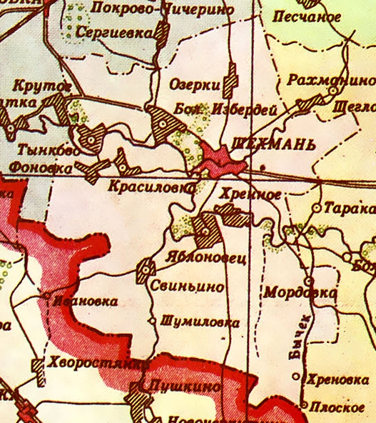 Карты населённых пунктов. Шехманский район. Фрагмент карты Тамбовской области от 1956 года