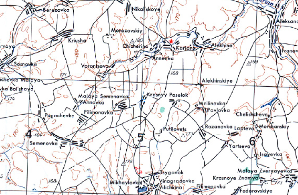 Карты населённых пунктов. Фрагмент немецкой военной карты, где обозначен посёлок Красный Кариан